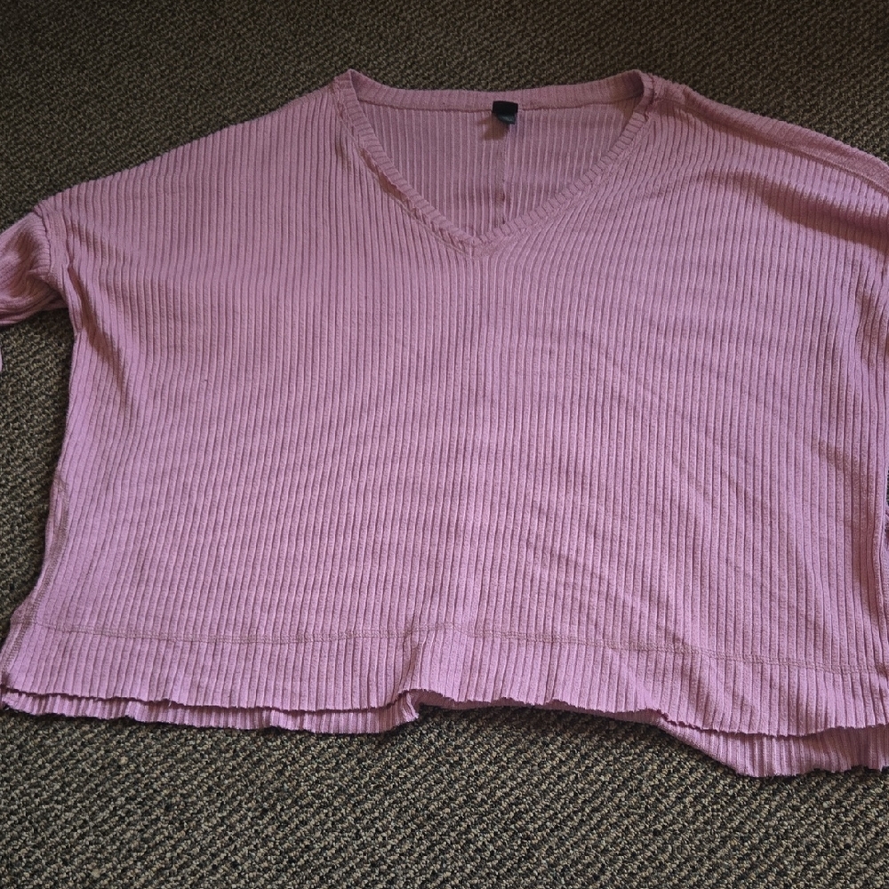 Wild Fable Light Pink Ribbed Raw Hem V-neck Sweater Oversized
